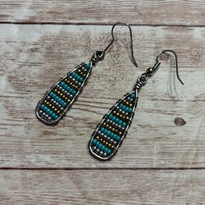 Elegant Teal Silver Gold Beaded Drop Earrings Silver Tone